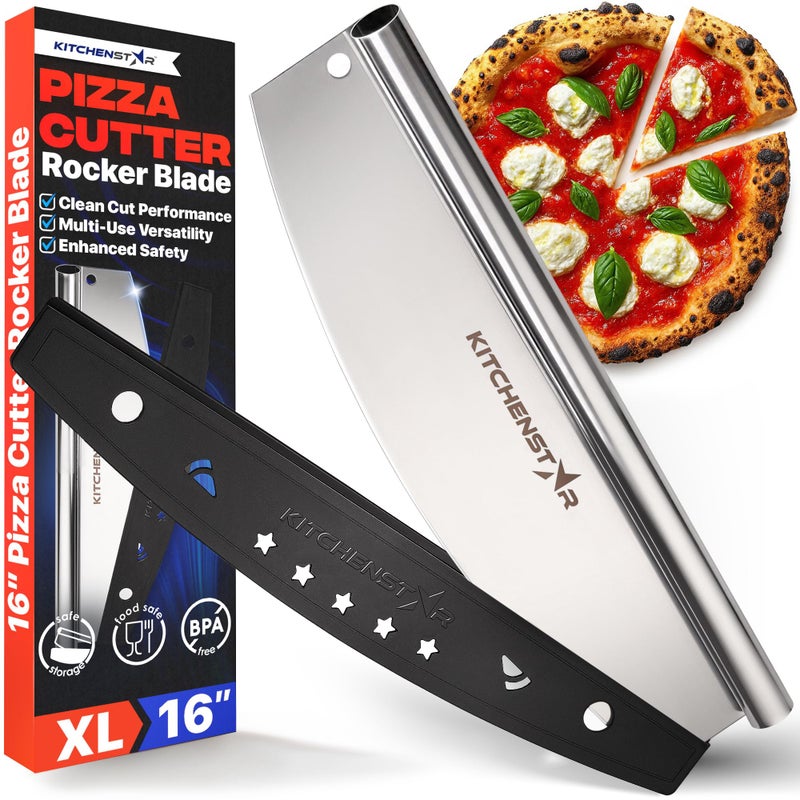 kitchen-star KitchenStar 16-Inch Pizza Cutter Rocker Blade - Sharp Stainless Steel Slicer Knife, Protective Cover, Dishwasher Safe, Large - Professional Pizza Oven Accessories - Image 1